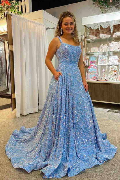 Glamorous Straps Grape Square Neck Sequins Prom Dress with Pockets