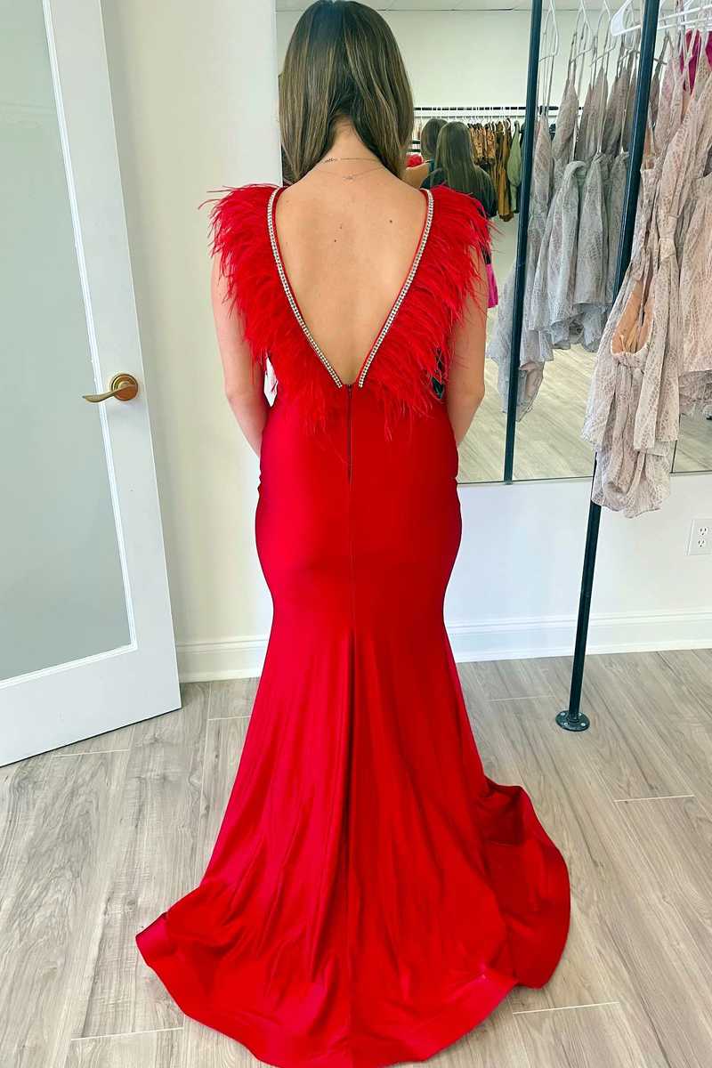Mermaid Plunging V-Neck Red Feathers Long Prom Dress,Classy Evening Gowns