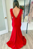 Mermaid Plunging V-Neck Red Feathers Long Prom Dress,Classy Evening Gowns