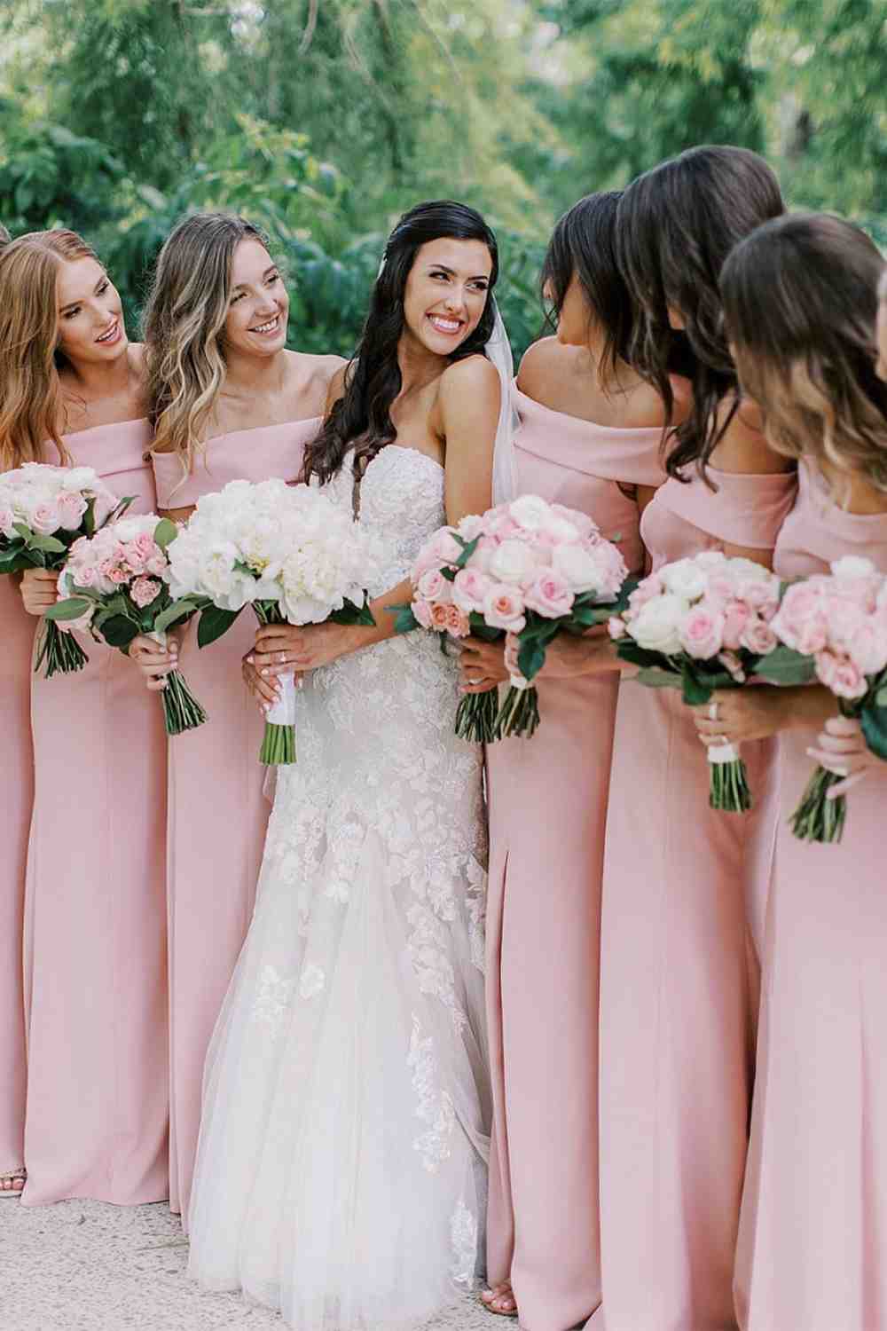 Off the Shoulder Light Pink Long Bridesmaid Dress with Slit jkprom Off the Shoulder Light Pink Long Bridesmaid Dress with Slit jkprom
