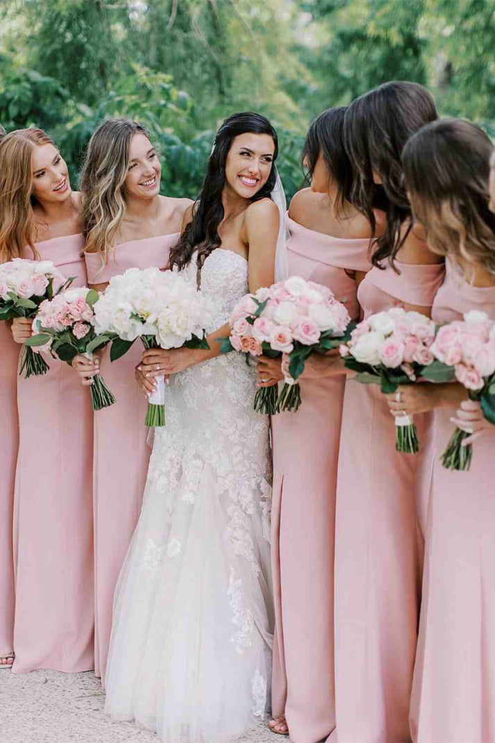 Off Shoulder Pleated Knee Length Bridesmaid Dress - Hot Pink main image 1