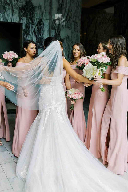 Off the Shoulder Light Pink Long Bridesmaid Dress with Slit jkprom Off the Shoulder Light Pink Long Bridesmaid Dress with Slit jkprom