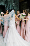 Off the Shoulder Light Pink Long Bridesmaid Dress with Slit,Wedding Guest Dresses