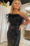 Black Strapless Feathers Long Prom Dress with Slit,Black Winter Formal Dresses