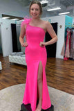 Beaded One-Shoulder Hot Pink Leg Slit Long Formal Dress with Feathers