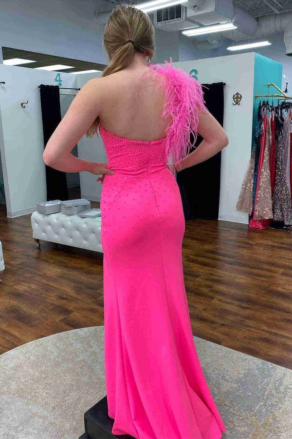 Beaded Hot Pink Leg Slit Long Formal Dress with Feathers jkprom Beaded Hot Pink Leg Slit Long Formal Dress with Feathers jkprom