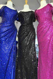 Shiny Off-the-Shoulder Black Sequins Long Formal Dresses,Black Blue Prom Dresses 2023