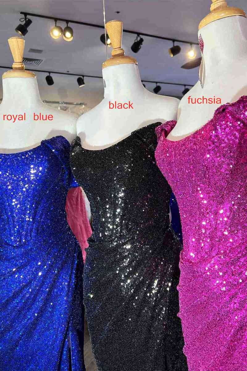Shiny Off-the-Shoulder Black Sequins Long Formal Dresses,Black Blue Prom Dresses 2023