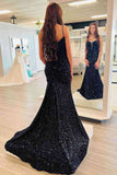 Straps Plunging Neck Navy Sequins Mermaid Prom Dress,Red Evening Gowns
