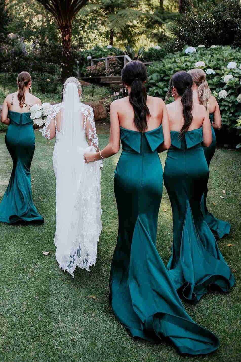 Strapless Green Mermaid Long Bridesmaid Dresses,Best Silk Satin Party Dress for Weddings