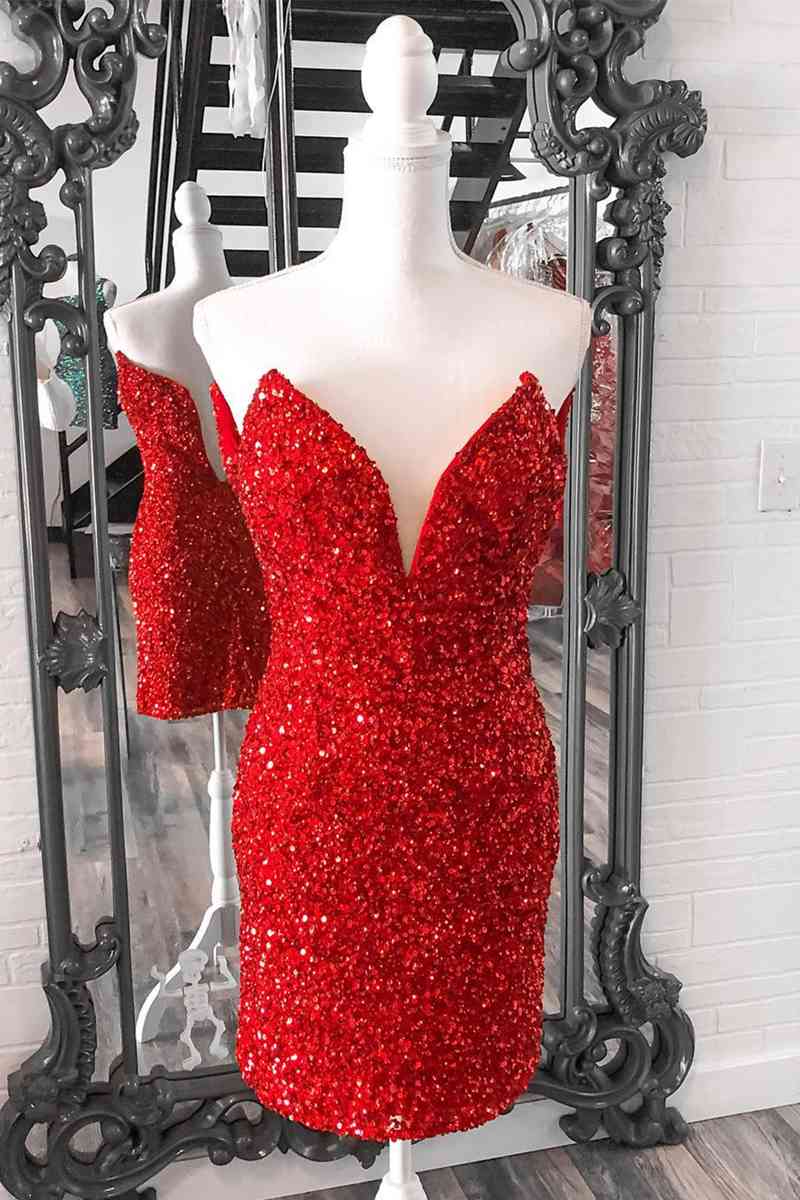 Tight V Neck Red Sequins Short Party Dress,Sparkly Bodycon Dresses