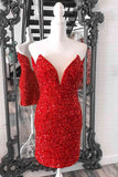 Tight V Neck Red Sequins Short Party Dress,Sparkly Bodycon Dresses