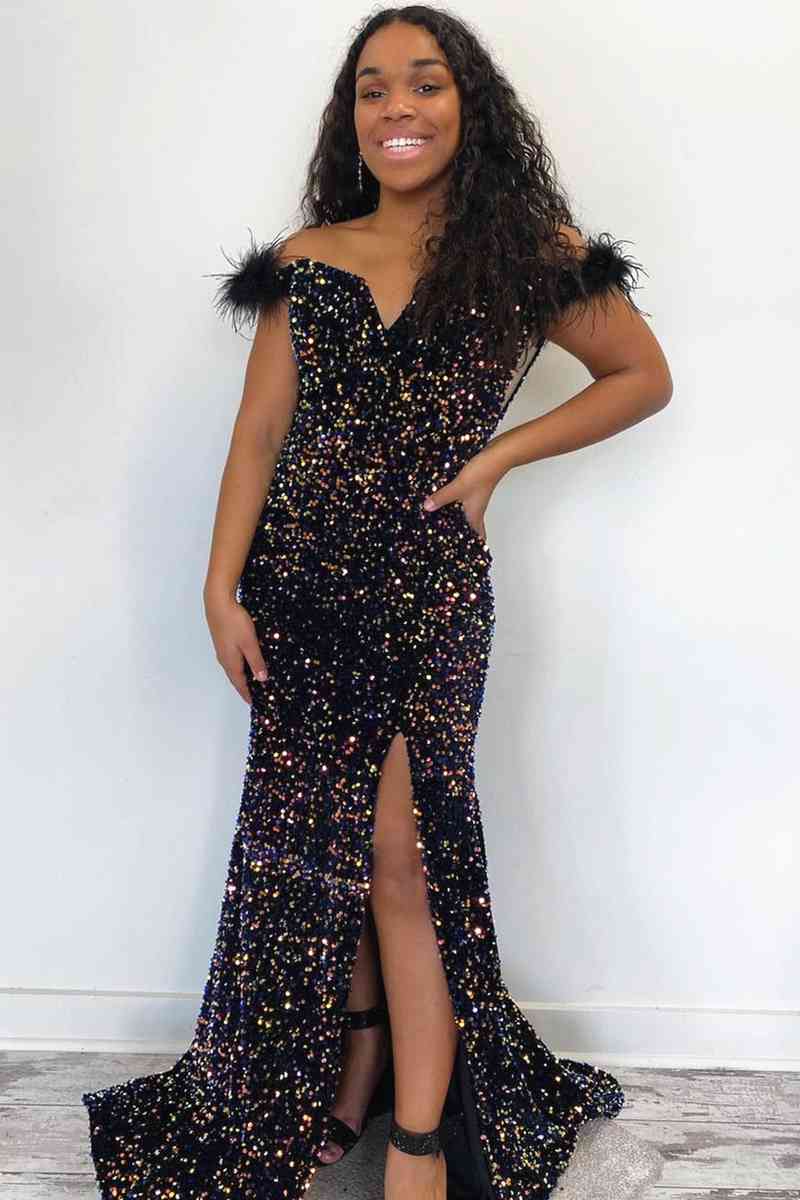 Off-the-Shoulder Glittery Sequins Long Party Dress with Feather