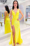 Cutout Yellow Sequins V-Neck Long Prom Dress with Slit