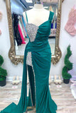 Chic Asymmetrical Fuchsia Beaded Long Prom Dress,Green Dinner Dresses