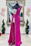 Chic Asymmetrical Fuchsia Beaded Long Prom Dress,Green Dinner Dresses