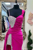 Chic Asymmetrical Fuchsia Beaded Long Prom Dress,Green Dinner Dresses