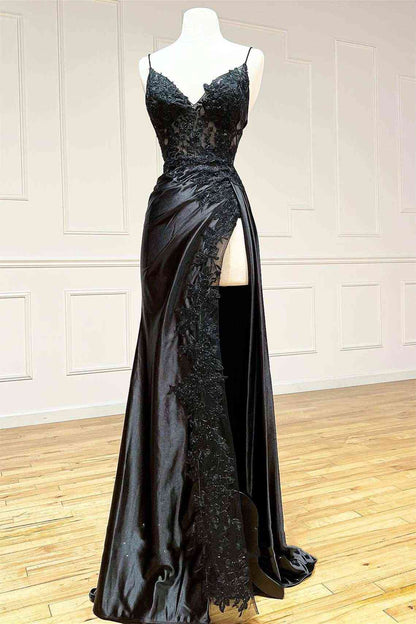 Black Long Appliques Prom Dress with Spaghetti Straps jkprom Black Long Appliques Prom Dress with Spaghetti Straps jkprom