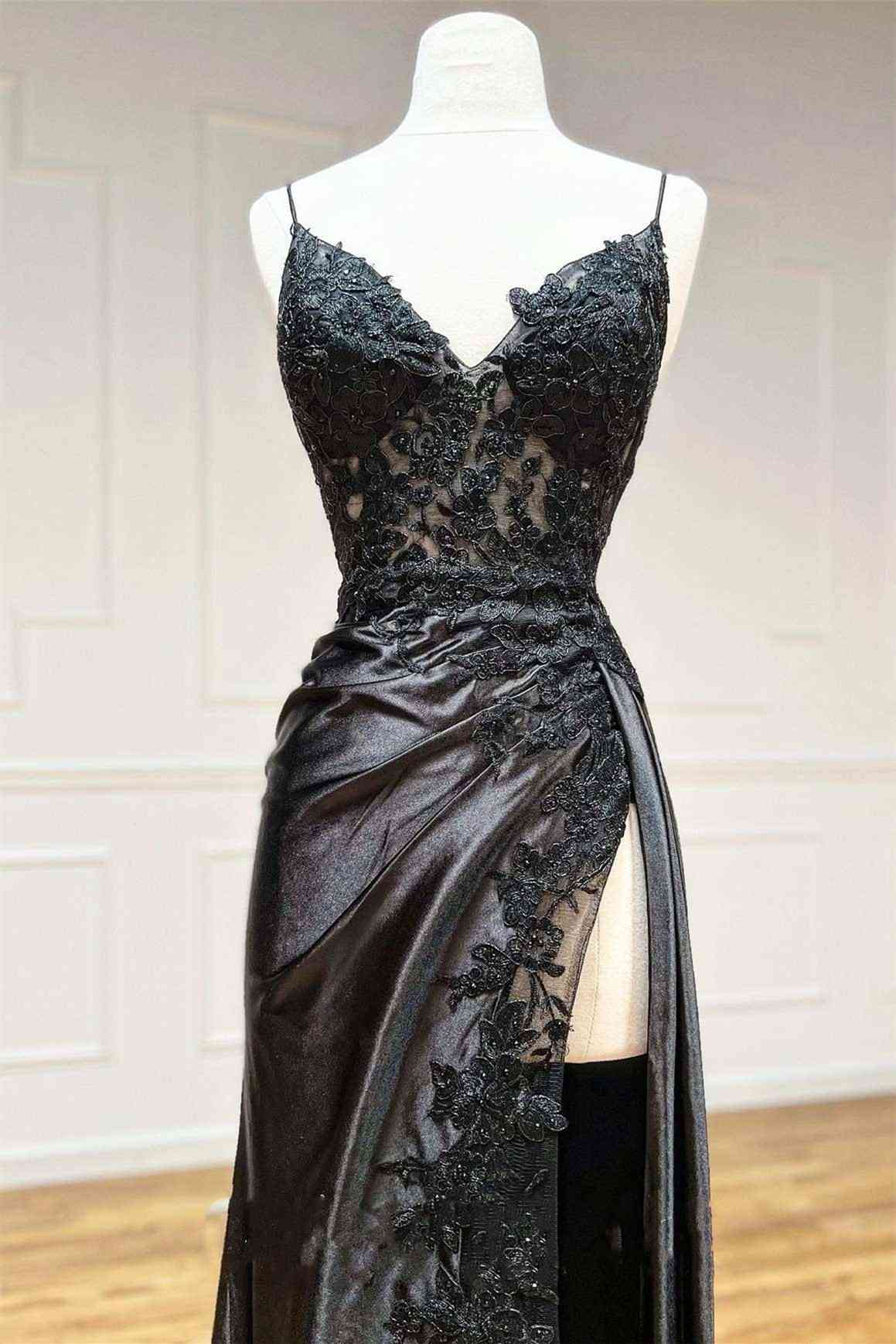 Black Long Appliques Prom Dress with Spaghetti Straps jkprom Black Long Appliques Prom Dress with Spaghetti Straps jkprom