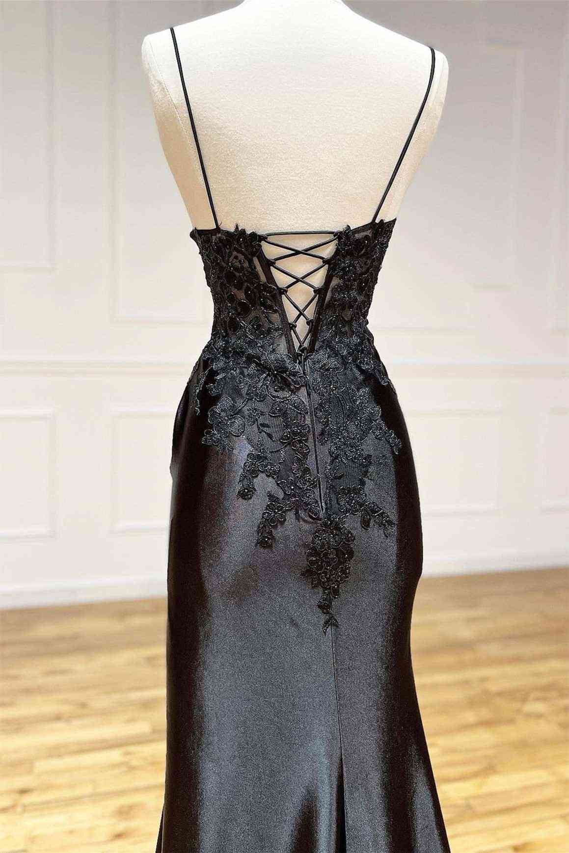 Black Long Appliques Prom Dress with Spaghetti Straps jkprom Black Long Appliques Prom Dress with Spaghetti Straps jkprom