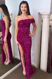 Sequin One Shoulder Fuchsia Long Party Dress with Leg Slit Formal Evening Gown