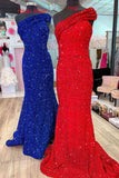 Mermaid One Shoulder Hot Pink Prom Dress Long,Red Dinner Party Dresses