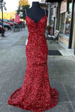Beaded Straps Burgundy Sequins Mermaid Long Prom Dress,Evening Dresses Elegant
