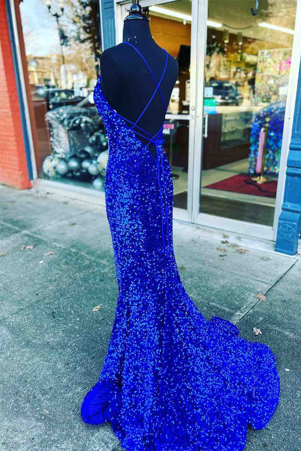 Straps Mermaid Royal Blue Sequins Long Prom Dress with Slit