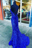 Straps Mermaid Royal Blue Sequins Long Prom Dress with Slit