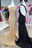 Stunning One Shoulder Mermaid Sequins Slit Long Champagne Prom Dress