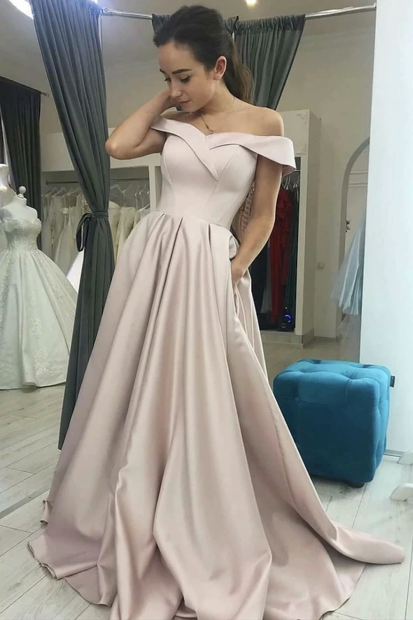 Satin Simple Long Prom Dress Off-the-Shoulder Evening Gowns