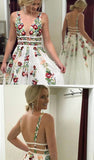 A Line V Neck Ivory Lace Prom Dresses with Flowers, Long Evening Dresses with Appliques