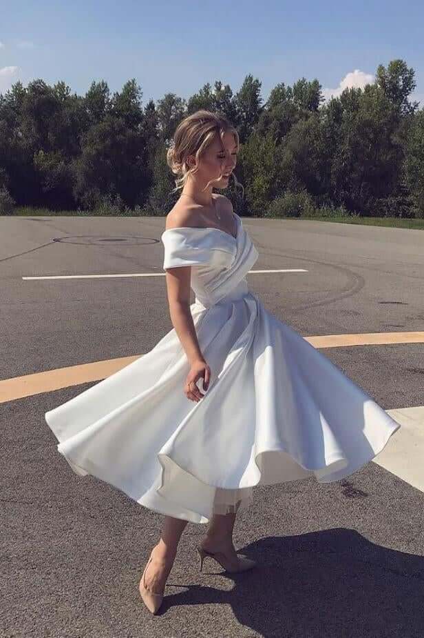 A Line Ankle Length Homecoming Dress, Ivory Off Shoulder Satin Short Wedding Dresses