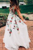 A Line V Neck Ivory Lace Prom Dresses with Flowers, Long Evening Dresses with Appliques