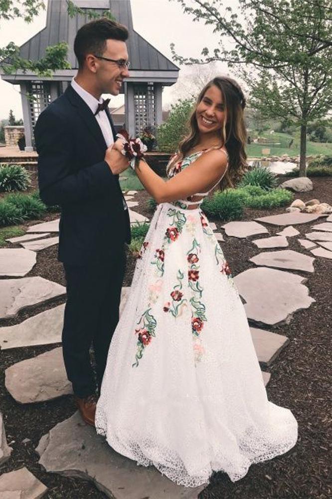A Line V Neck Ivory Lace Prom Dresses with Flowers, Long Evening Dress jkprom A Line V Neck Ivory Lace Prom Dresses with Flowers, Long Evening Dress jkprom
