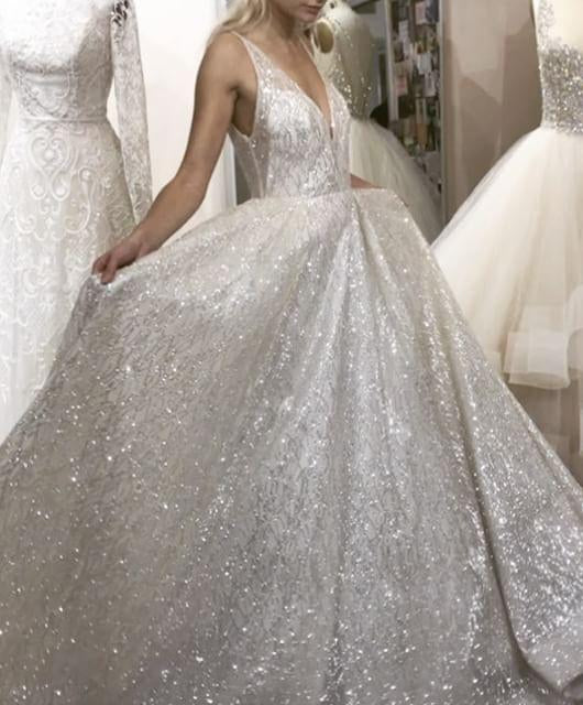 Sparkly V-neck Sleeveless Backless Floor-length Wedding Dresses,Prom Dresses