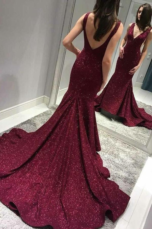 Glitter Sequin Burgundy Evening Dress Mermaid Train