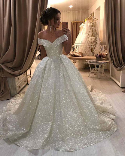 Sparkly Bling Bling Sequins Ball Gowns Wedding Dresses Off Shoulder – jkprom