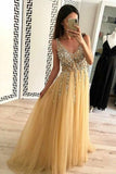 Gold Tulle Prom Dress with Rhinestones V-neck Bodice