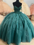 Ball Gown Beaded Quinceanera Dress Spaghetti Straps Emerald Green Quince Dress