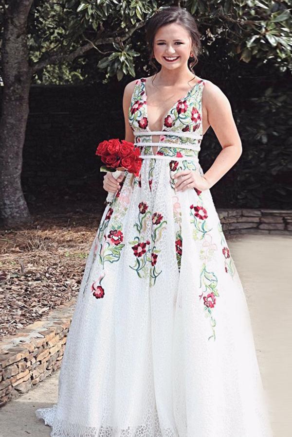 A Line V Neck Ivory Lace Prom Dresses with Flowers, Long Evening Dresses with Appliques