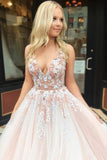 Light Pink V Neck Sleeveless Tulle Prom Dress with Flowers and Beads