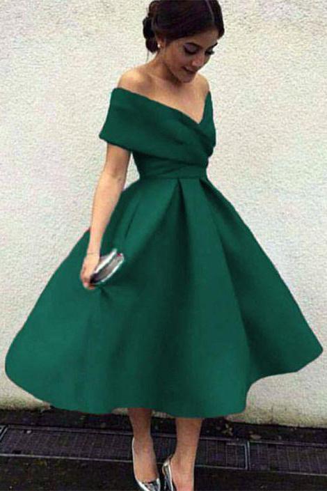 Green Off the Shoulder Tea Length Satin Homecoming Dress, Cute Senior Prom Dress