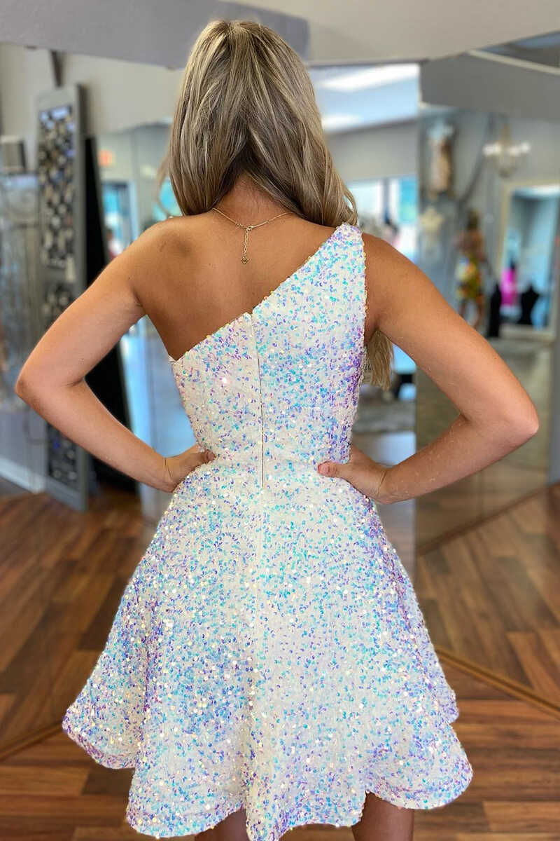 White Iridescent Sequin One Shoulder A Line Short Hoco Homecoming Dress