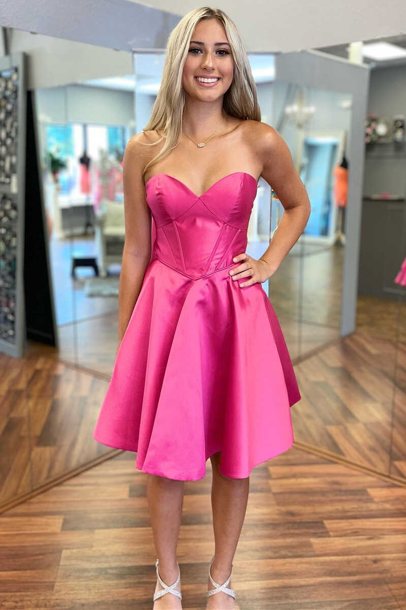 Neon Pink Sweetheart A Line Short Satin Homecoming Dresses Cocktail Party Dress