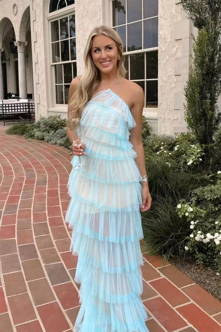 Halter Ruffles Tulle Prom Dresses with Slit,Long Party Dress – jkprom