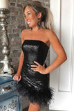 Black Sequin Strapless Short Party Dress with Feather Semi Formal Dresses