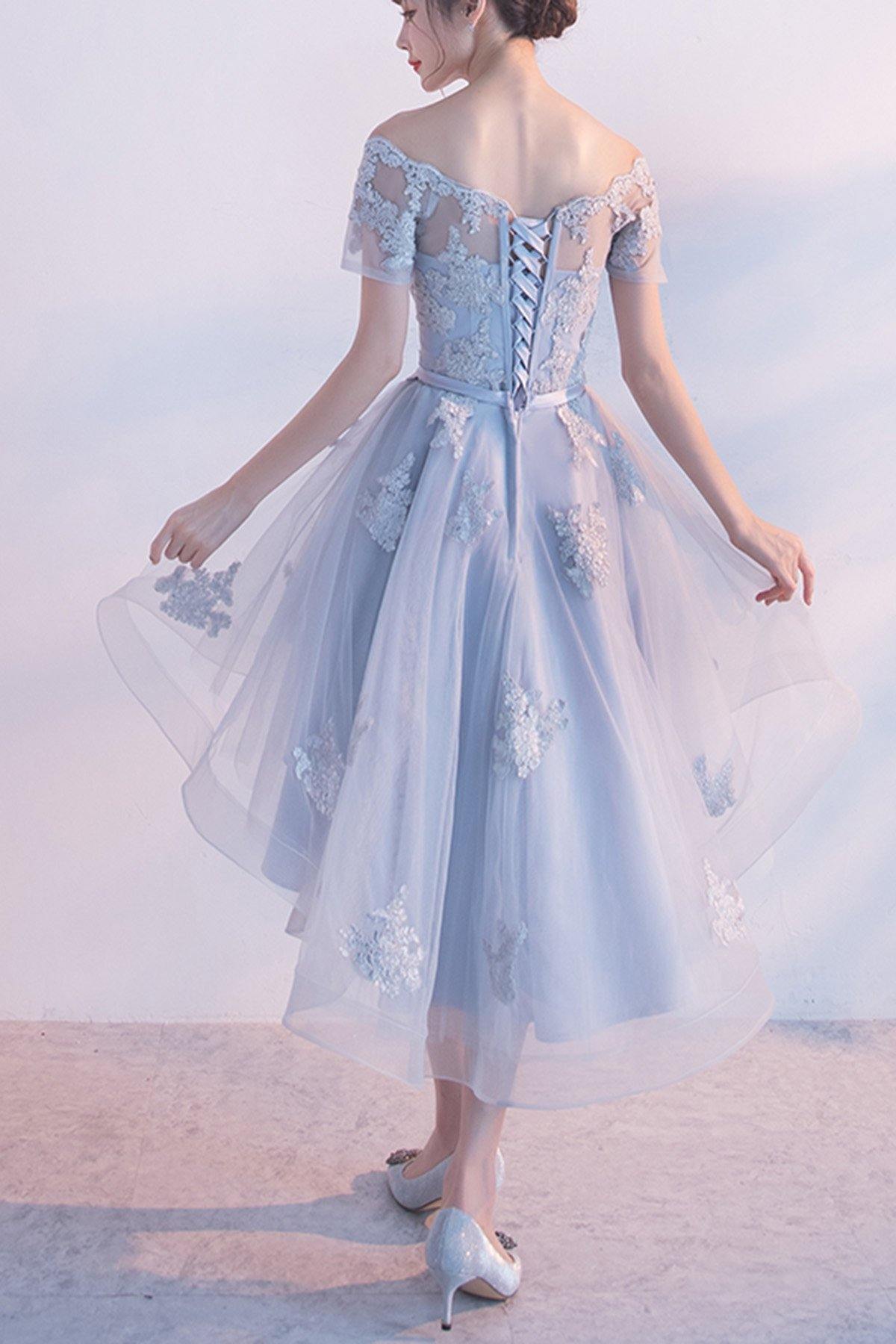 Off the shoulder Dusty Blue High Low Homecoming Dress Tulle Short Cocktail Dresses