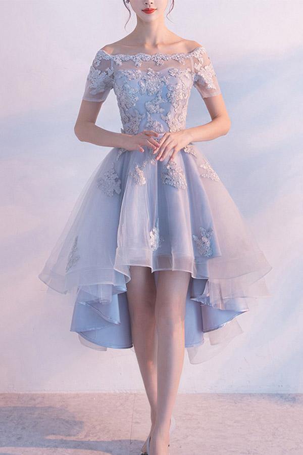 Off the shoulder Dusty Blue High Low Homecoming Dress Tulle Short Cocktail Dresses