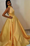 High Neck Yellow Prom Gown with Satin Full Skirt,Evening Dresses